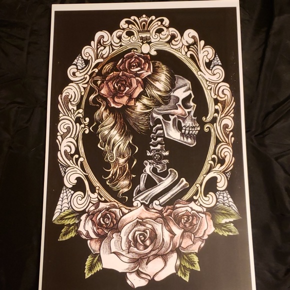 Too Fast Skeleton Pinup Cameo Pink Roses 11"x17" Tattoo Lithograph Art Print - Picture 2 of 5